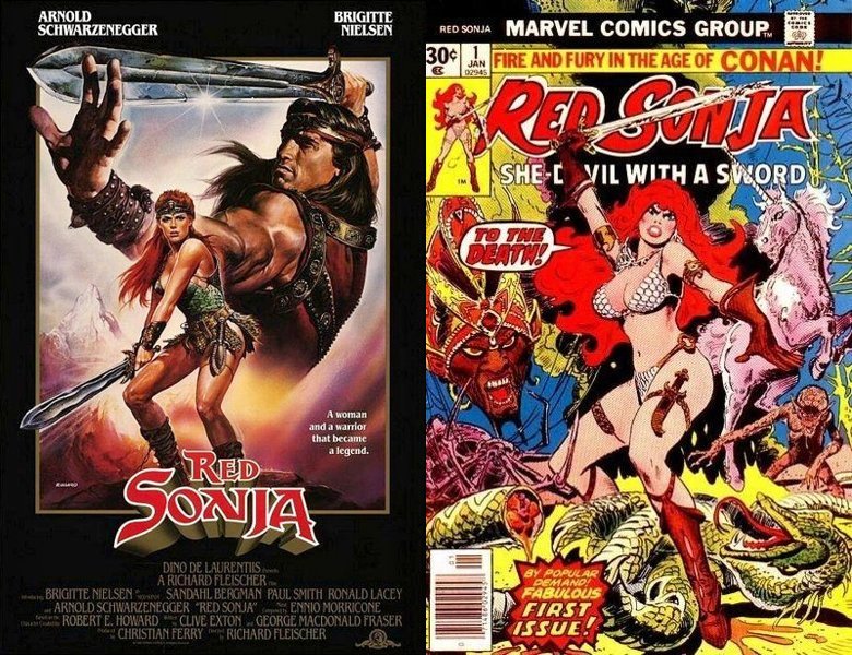 Red Sonja. Poster of the 1985 movie and cover of the 1977 comic book