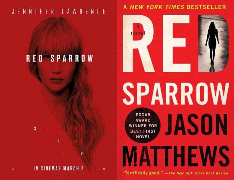Red Sparrow. Poster of the 2018 movie and cover of the 2013 book