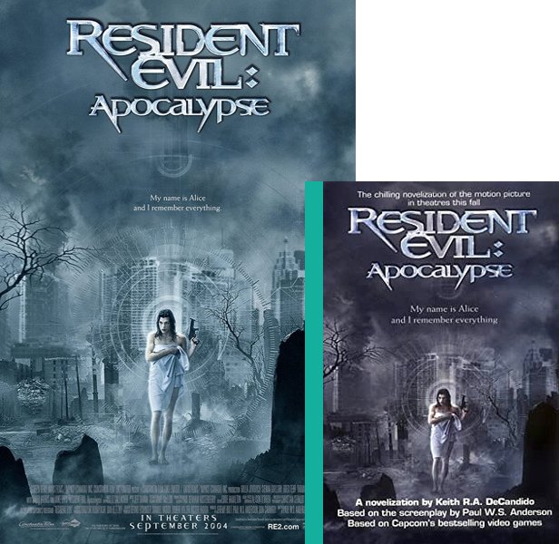 Resident Evil: Apocalypse (2004) Movie poster and book cover compared.