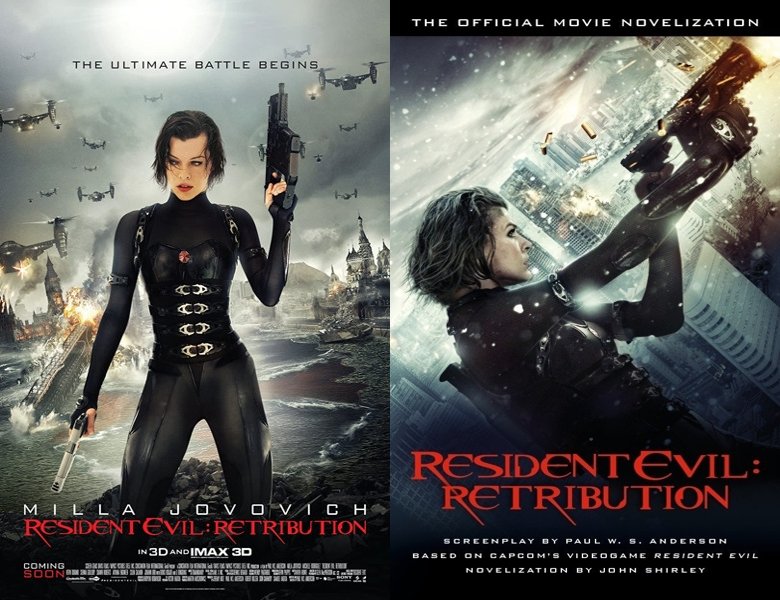 Resident Evil: Retribution. Poster of the 2012 movie and cover of the book novelization
