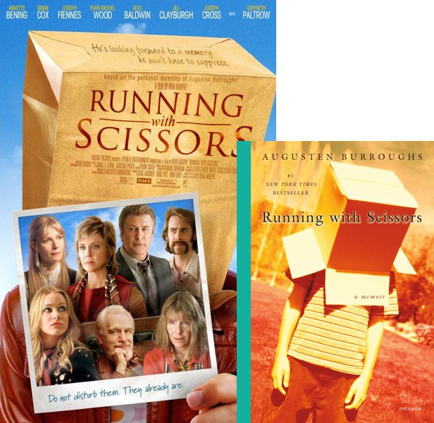 Running with Scissors (2006) Movie poster and book cover compared.