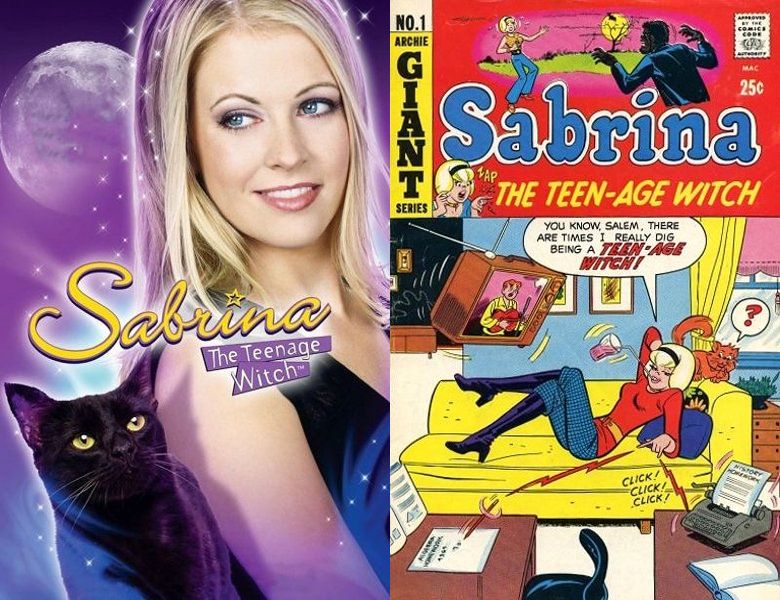 Sabrina the Teenage Witch. Poster of the 1996 TV series and cover of the 1971 comic book