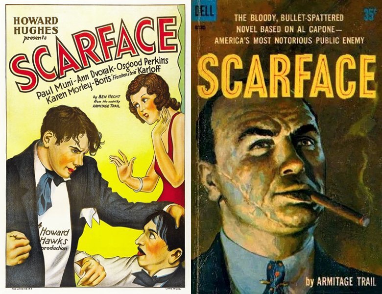 Scarface. Poster of the 1932 movie and cover of the 1929 book