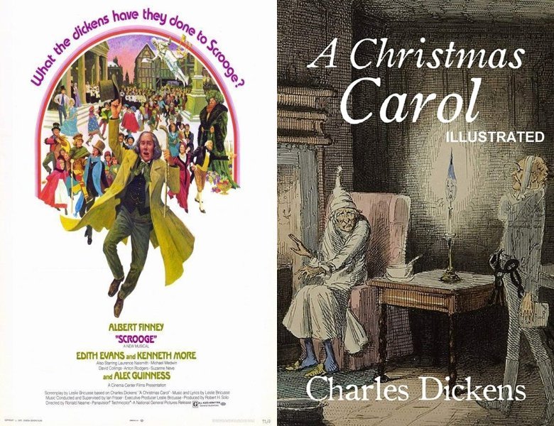 Scrooge. Poster of the 1970 movie and cover of the 1843 book, A Christmas Carol