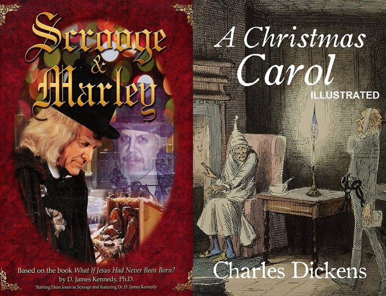 Scrooge and Marley. Poster of the 2001 movie and cover of the 1843 book, A Christmas Carol