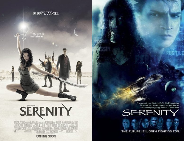 Serenity. Poster of the 2005 movie and cover of the book novelization