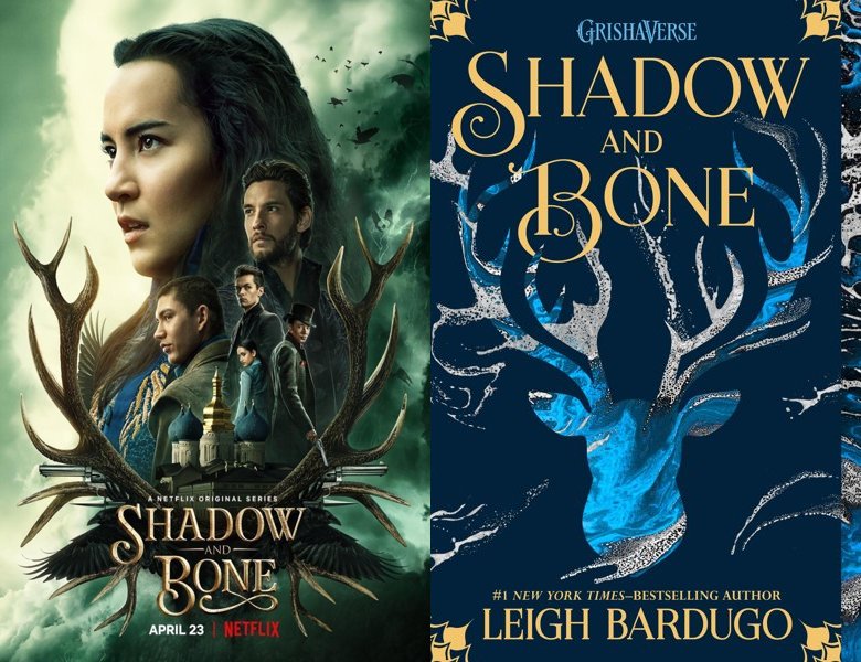 Shadow and Bone. Poster of the 2021 TV series and cover of the 2012 book