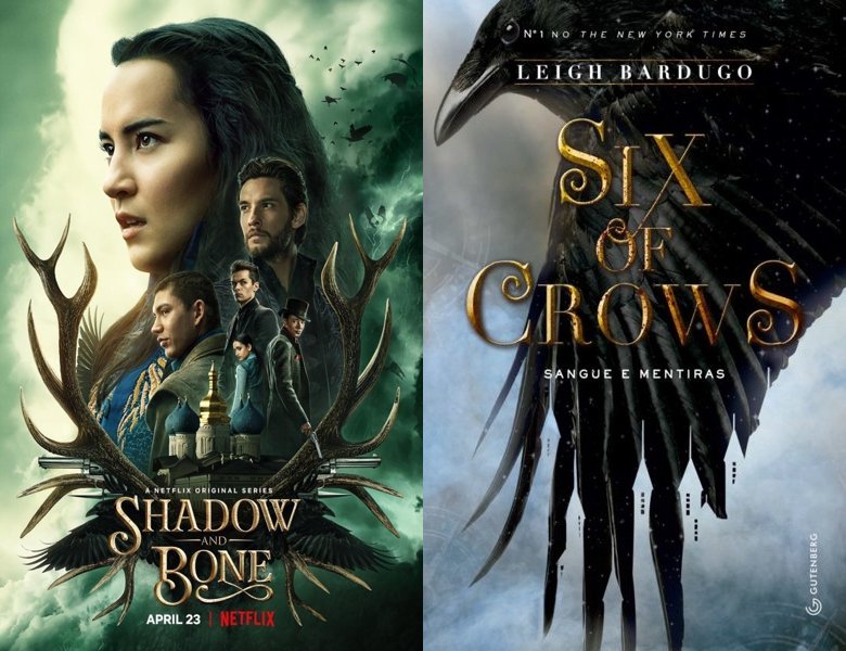 Shadow and Bone. Poster of the 2021 TV series and cover of the 2015 book, Six of Crows