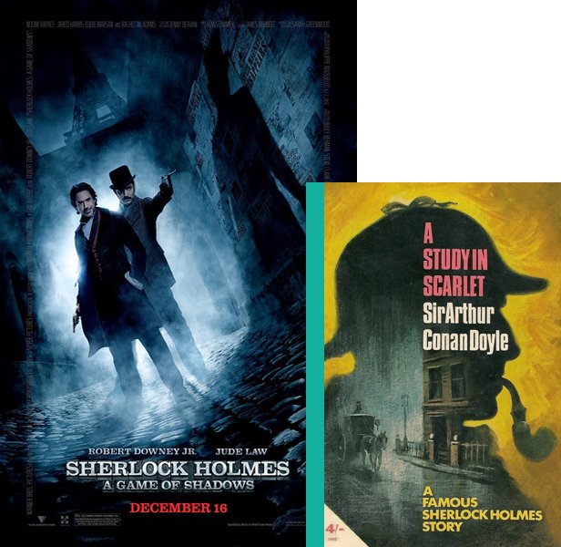 Sherlock Holmes: A Game of Shadows (2011) Movie poster and book cover compared.