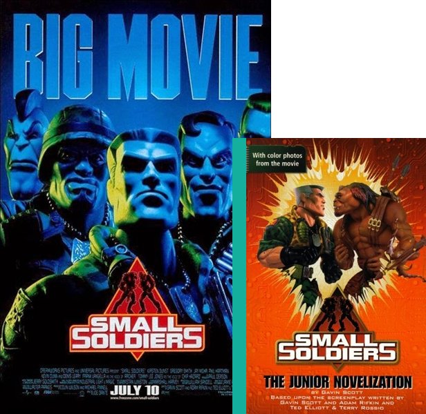 Small Soldiers (1998) Movie poster and book cover compared.