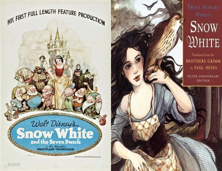 Snow White and the Seven Dwarfs. Poster of the 1937 movie and cover of the 1854 book, Snow White