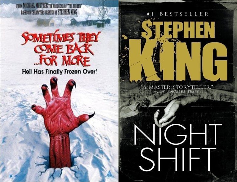 Sometimes They Come Back... for More. Poster of the 1998 movie and cover of the 1974 book, Sometimes They Come Back