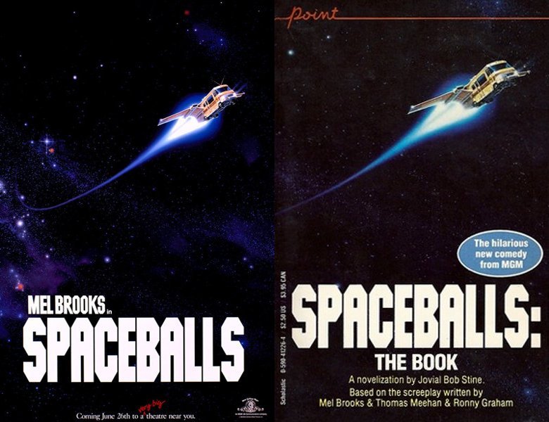Spaceballs. Poster of the 1987 movie and cover of the book novelization