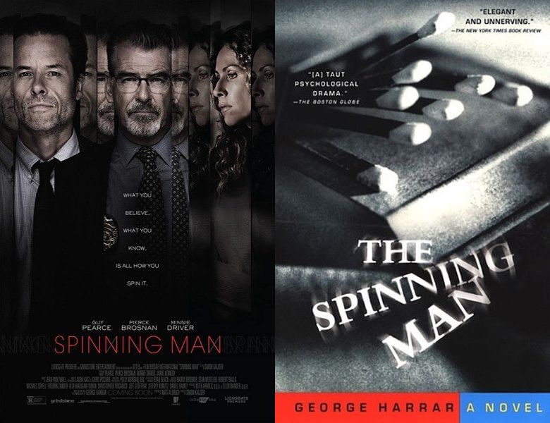 Spinning Man. Poster of the 2018 movie and cover of the 2003 book, The Spinning Man