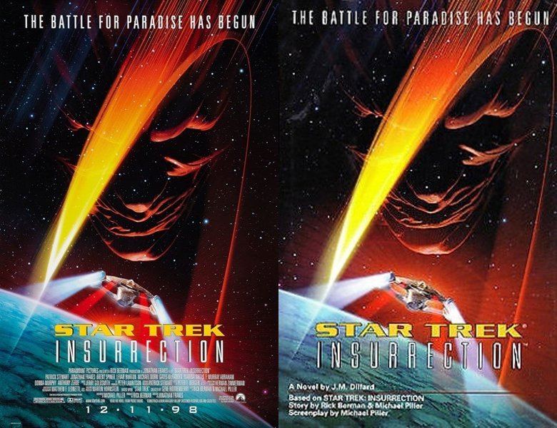 Star Trek: Insurrection. Poster of the 1998 movie and cover of the book novelization