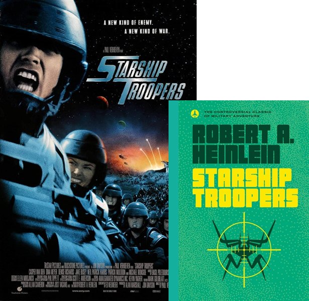 Starship Troopers (1997) Movie poster and book cover compared.