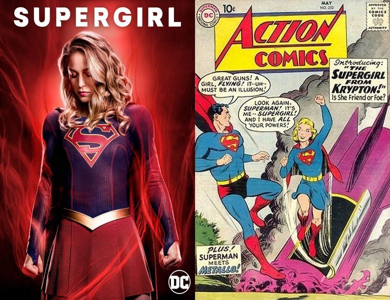 Supergirl. Poster of the 2015 TV series and cover of the 1959 comic book