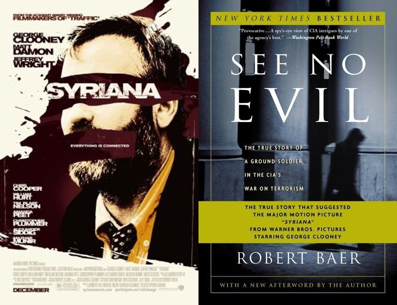 Syriana. Poster of the 2005 movie and cover of the 2002 book, See No Evil