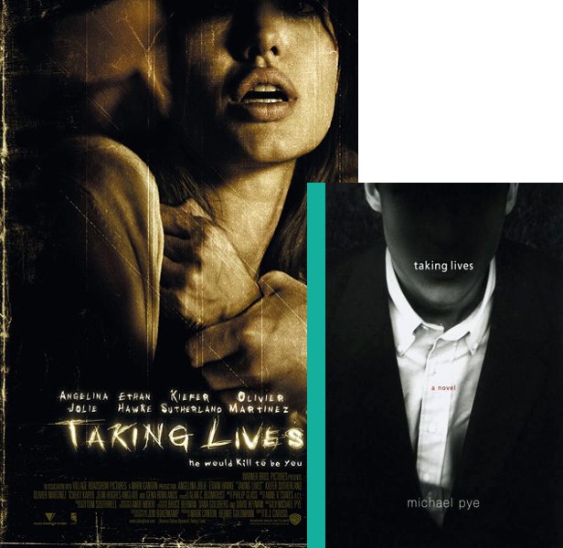 Taking Lives (2004) Movie poster and book cover compared.