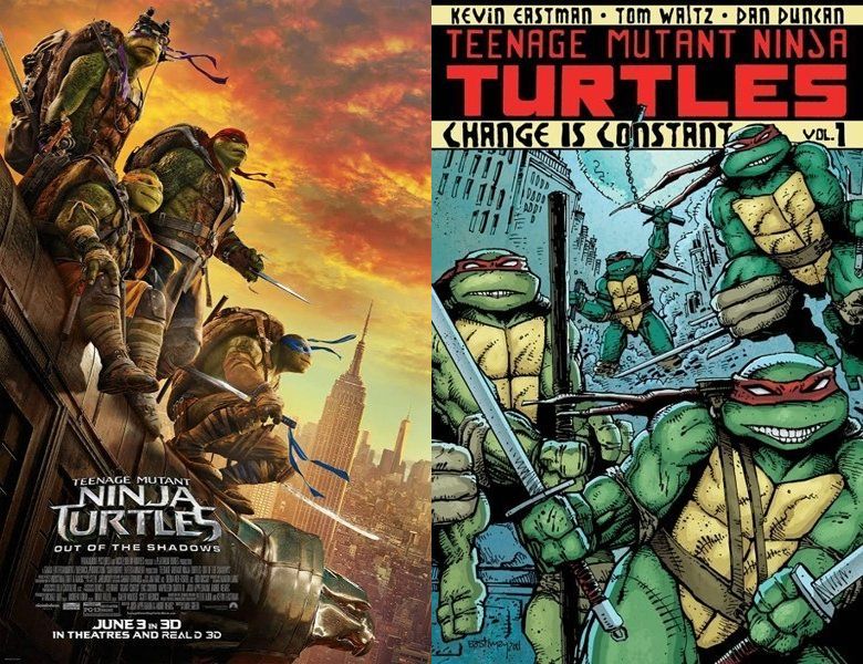 Teenage Mutant Ninja Turtles: Out of the Shadows. Poster of the 2016 movie and cover of the 1984 comic book, Teenage Mutant Ninja Turtles