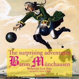 Audiobook cover of The Adventures of Baron Münchausen, the 1781 book by Rudolf Erich Raspe.