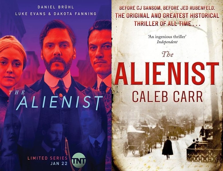 The Alienist. Poster of the 2018 TV series and cover of the 1994 book