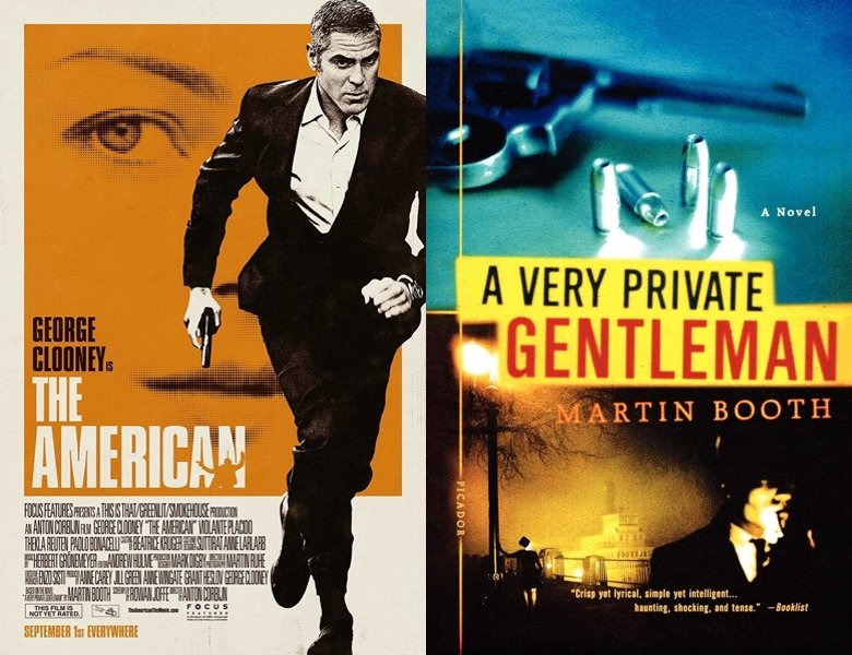 The American. Poster of the 2010 movie and cover of the 1990 book, A Very Private Gentleman