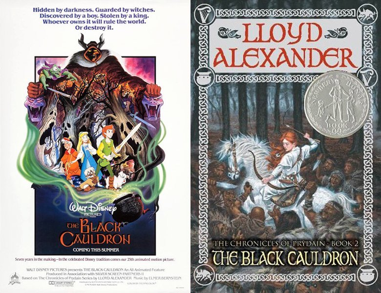 The Black Cauldron. Poster of the 1985 movie and cover of the 1965 book