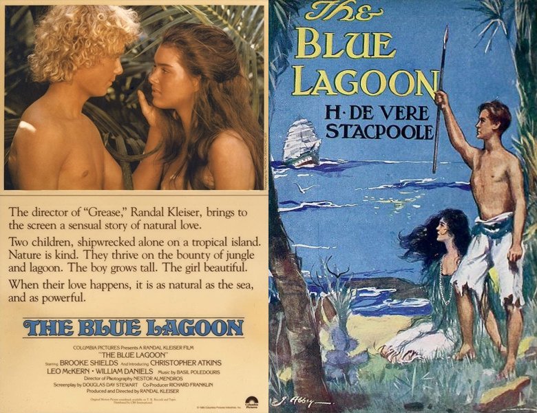 The Blue Lagoon. Poster of the 1980 movie and cover of the 1908 book