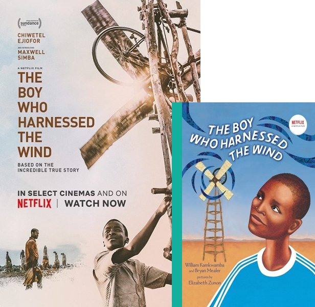 The Boy Who Harnessed the Wind (2019) Movie poster and book cover compared.
