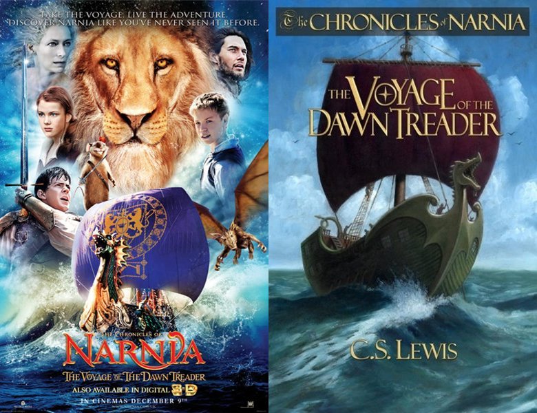 The Chronicles of Narnia: The Voyage of the Dawn Treader. Poster of the 2010 movie and cover of the 1952 book, The Voyage of the Dawn Treader