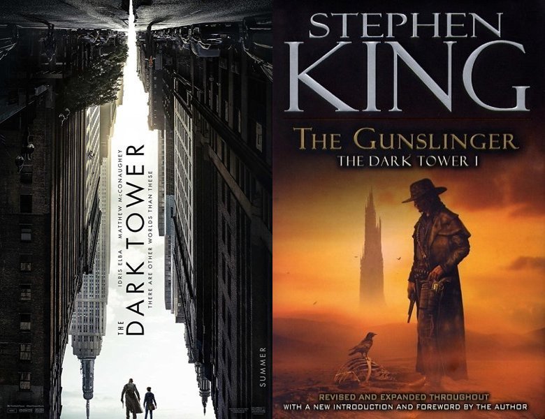 The Dark Tower. Poster of the 2017 movie and cover of the 1982 book, The Gunslinger