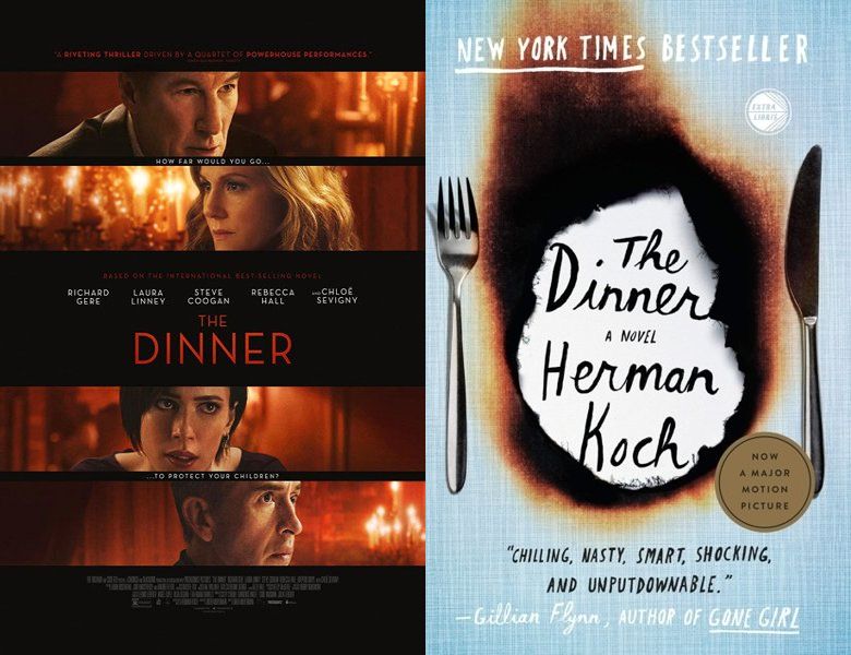The Dinner. Poster of the 2017 movie and cover of the 2009 book