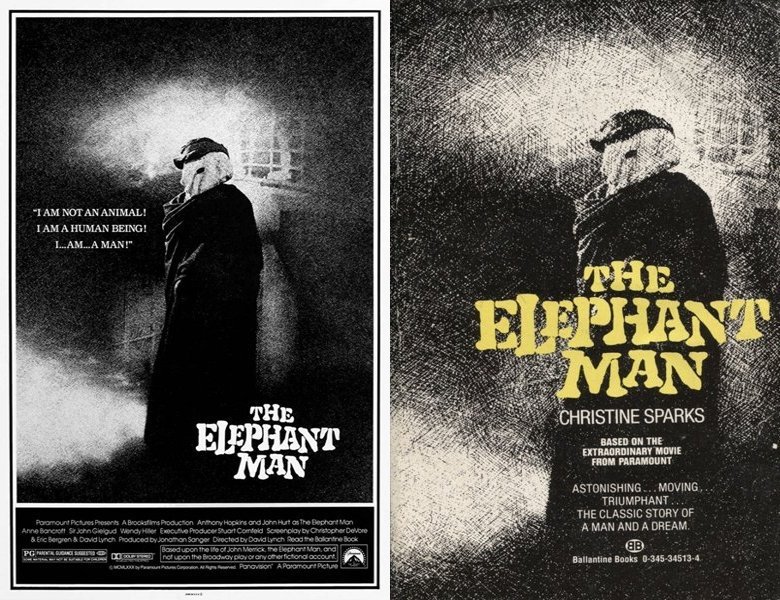 The Elephant Man. Poster of the 1980 movie and cover of the book novelization