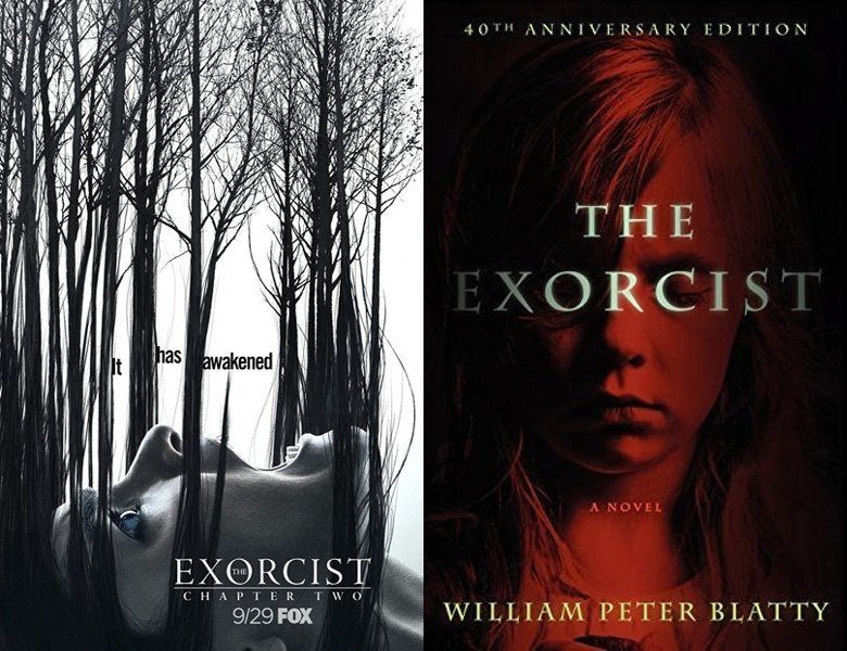 The Exorcist. Poster of the 2016 TV series and cover of the 1971 book