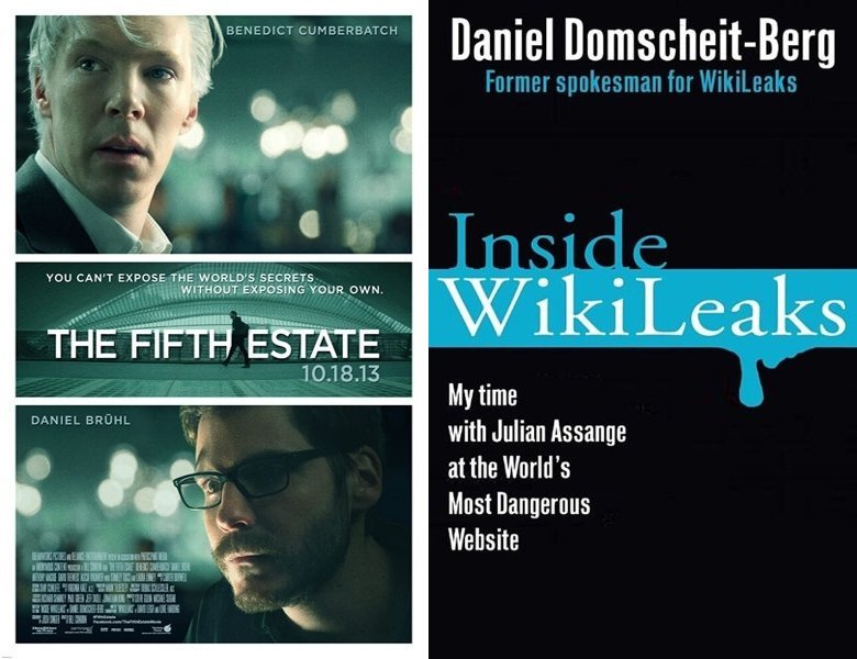 The Fifth Estate. Poster of the 2013 movie and cover of the 2011 book, Inside WikiLeaks