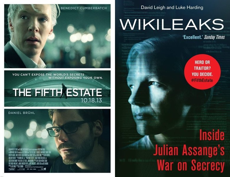 The Fifth Estate. Poster of the 2013 movie and cover of the 2011 book, WikiLeaks: Inside Julian Assange's War on Secrecy