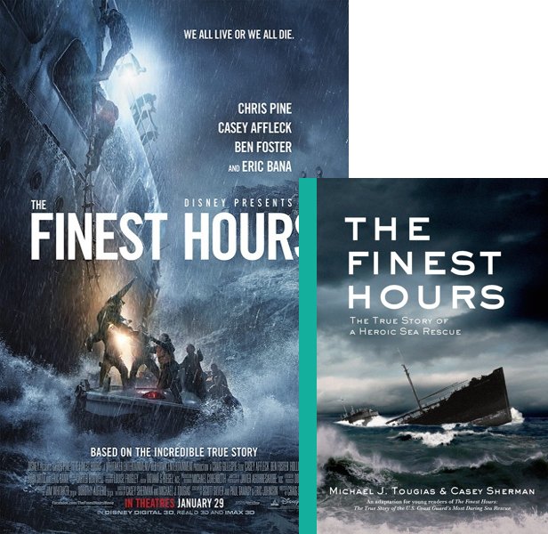 The Finest Hours (2016) Movie poster and book cover compared.