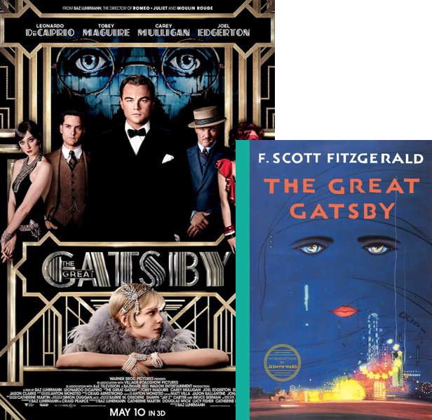 The Great Gatsby (2013) Movie poster and book cover compared.