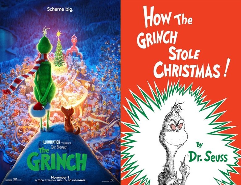 The Grinch. Poster of the 2018 movie and cover of the 1957 book, How the Grinch Stole Christmas!
