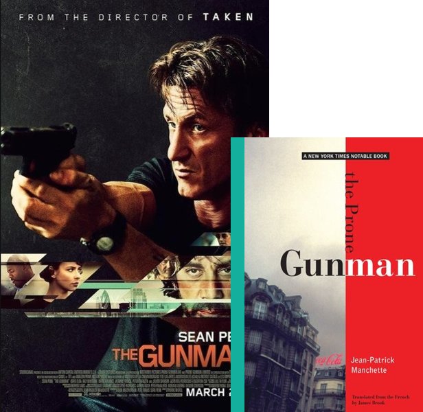 The Gunman (2015) Movie poster and book cover compared.