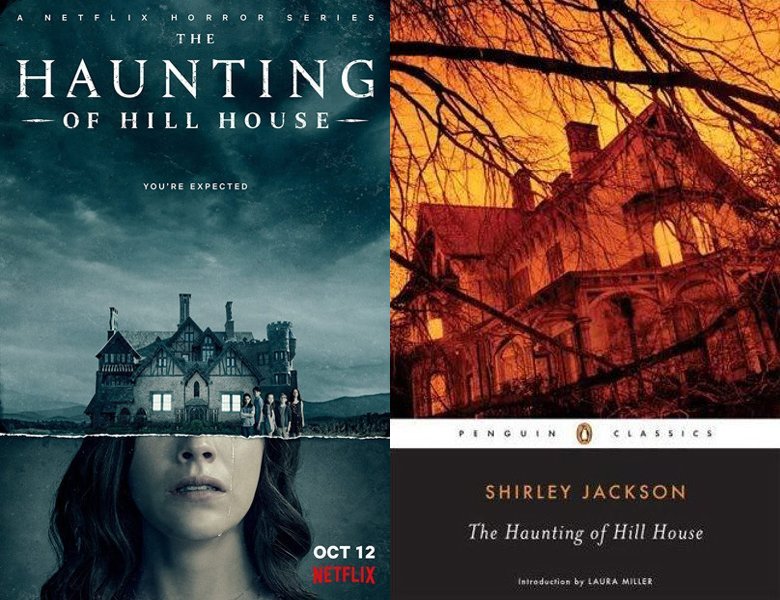 The Haunting of Hill House. Poster of the 2018 TV series and cover of the 1959 book