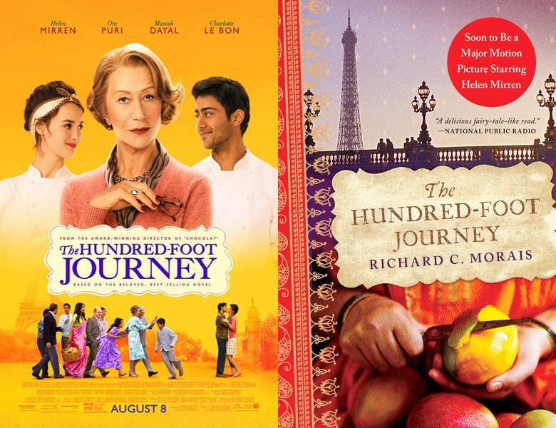The Hundred-Foot Journey. Poster of the 2014 movie and cover of the 2008 book