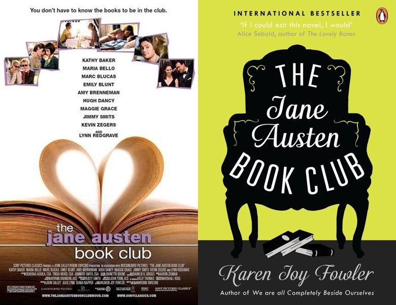 The Jane Austen Book Club. Poster of the 2007 movie and cover of the 2004 book