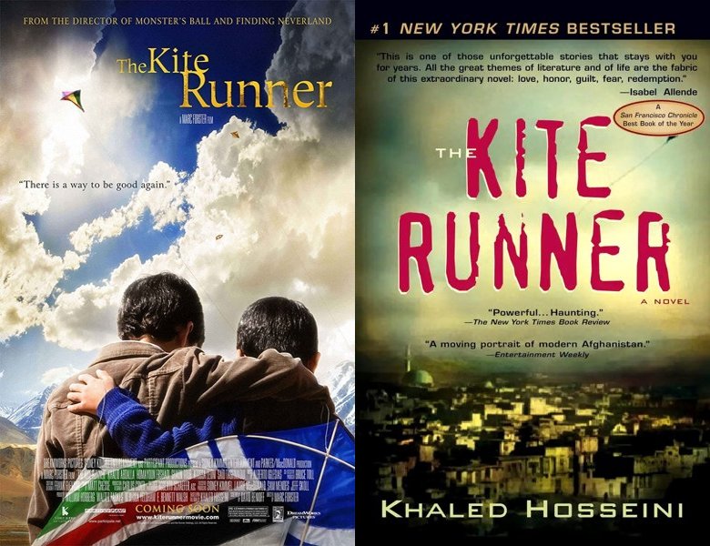 The Kite Runner. Poster of the 2007 movie and cover of the 2003 book