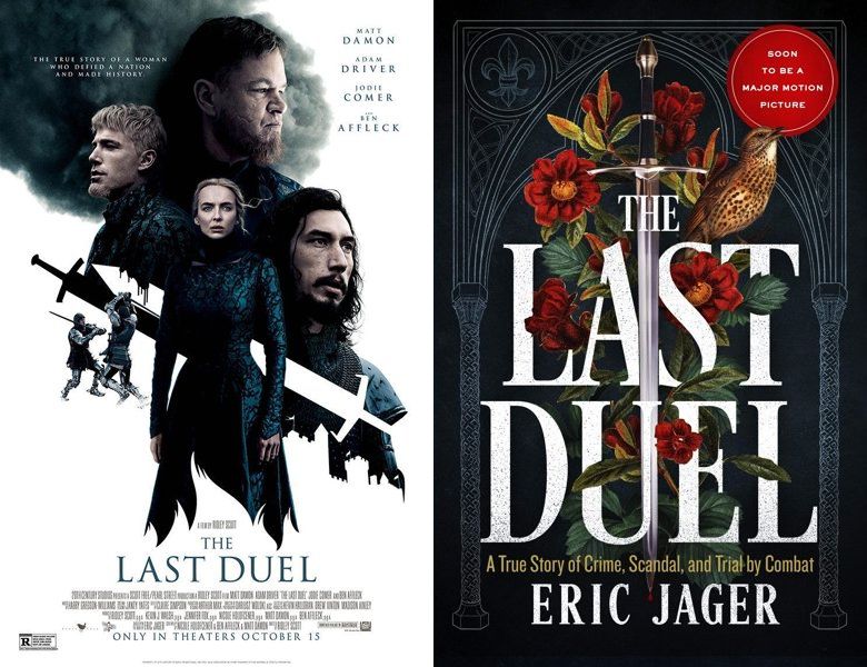 The Last Duel. Poster of the 2021 movie and cover of the 2004 book