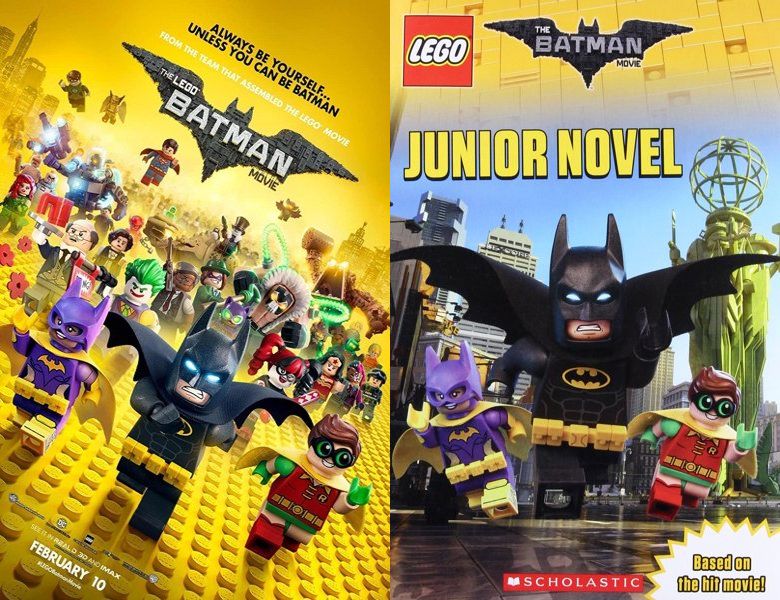 The Lego Batman Movie. Poster of the 2017 movie and cover of the comic book novelization