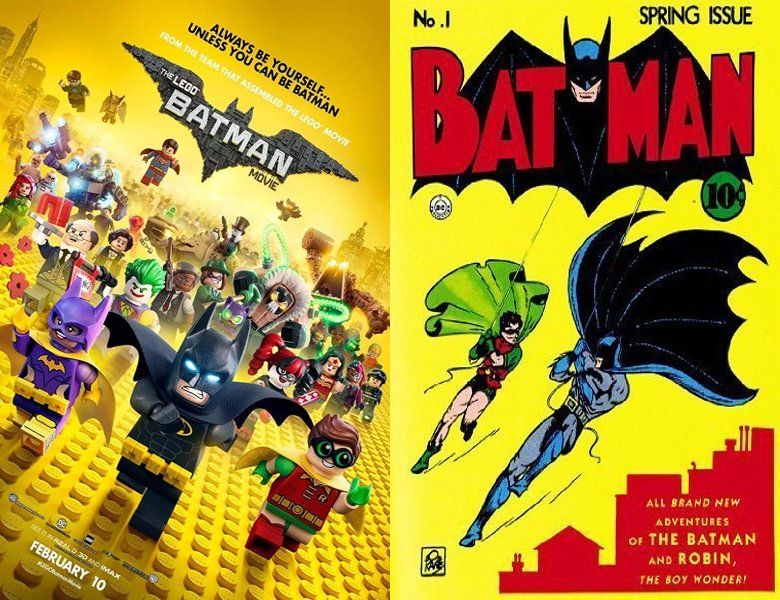 The Lego Batman Movie. Poster of the 2017 movie and cover of the 1940 comic book, Batman