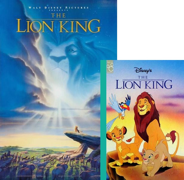 The Lion King (1994) Movie poster and book cover compared.