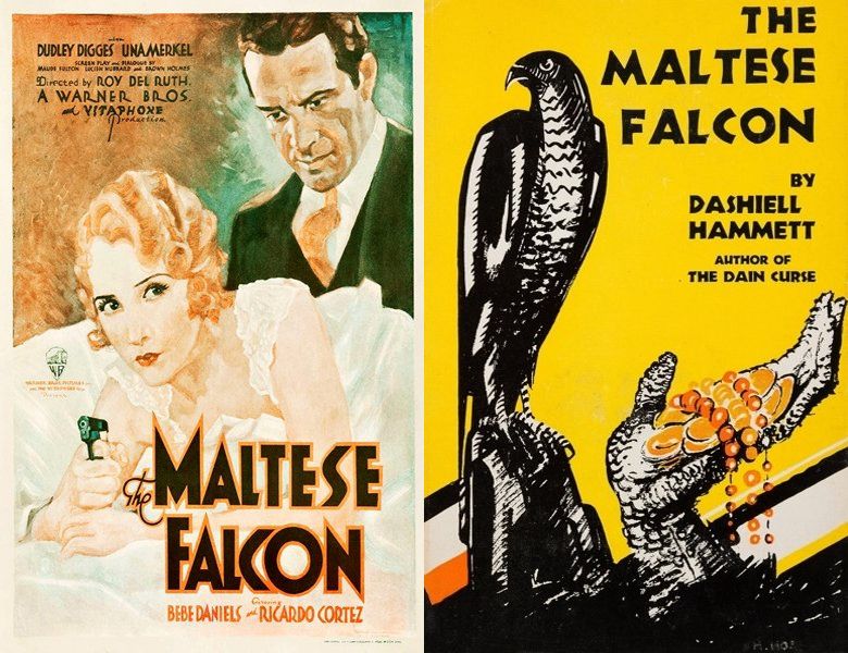 The Maltese Falcon. Poster of the 1931 movie and cover of the 1929 book